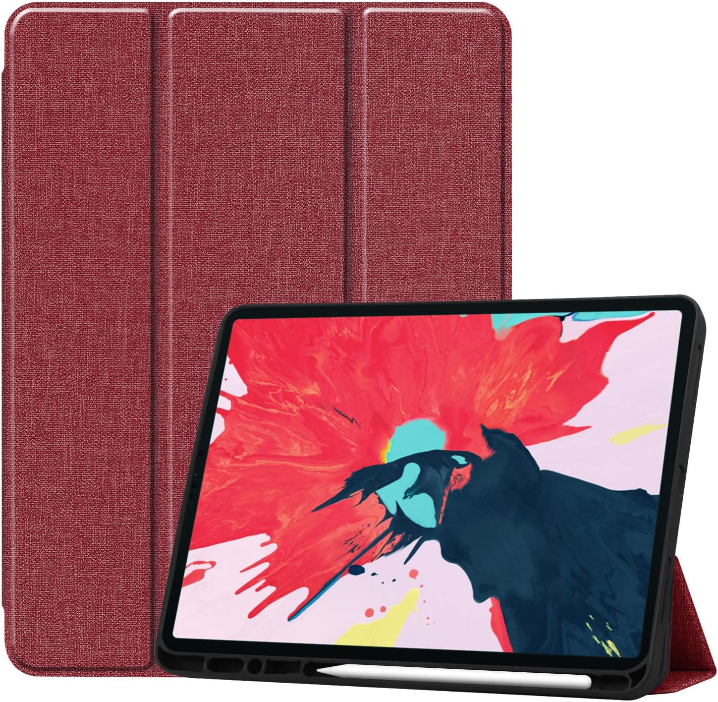 JCTek Cloth Pattern Case for iPad Pro 12.9" 2020 4th Generation with Pencil Holder, Stand Protective Cover Smart Shell Tri-fold Case with Auto Sleep/Wake Function (wind red)