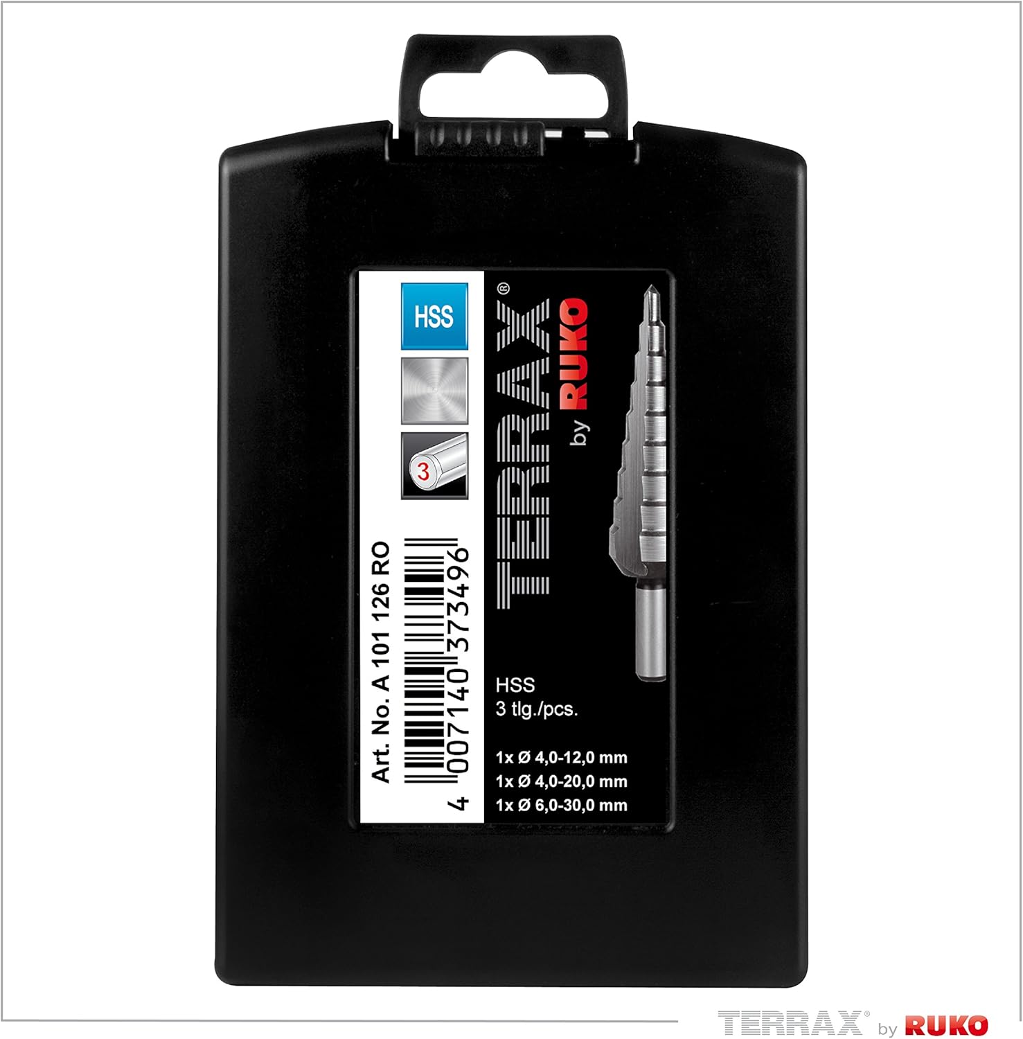 Terrax by Ruko A101126RO 3-piece Step Drill Set, HSS Straight grooved, in Sizes 0/9, 1, 2 in Sturdy, Practical Plastic case - Image 3