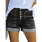 Sidefeel Womens Jean Shorts High Waisted Stretchy Buttoned Folded Hem Zimbaplatinum Denim Shorts