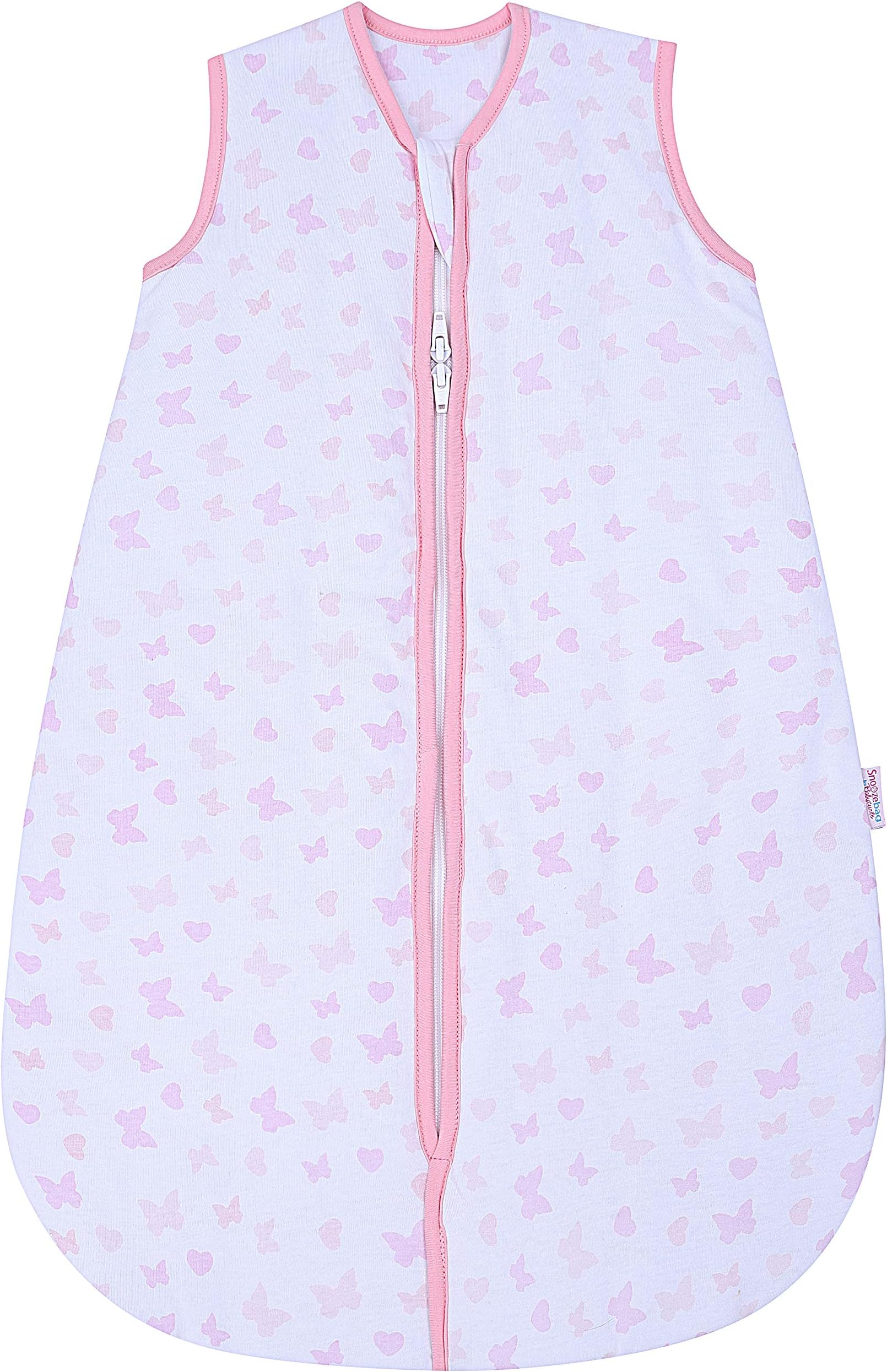 Snoozebag Butterflies and Hearts 100% Cotton Girls Summer 1.0 Tog Nursery Baby Sleeping Bag Pink 0-6 Months (76cm)