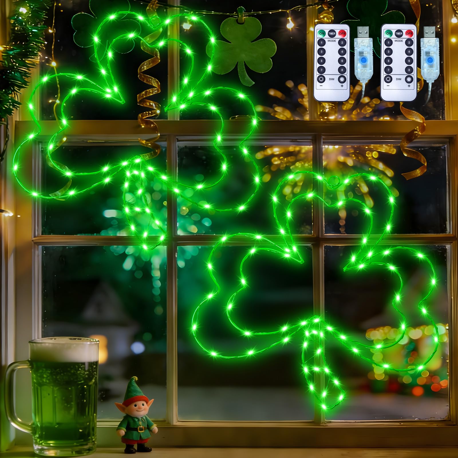 Photo 1 of 2 Pack St. Patrick's Day Window Lights,13" 8 Modes Double Shamrock Window Lights, 65 LED USB Powered Clover Lights with Remote, Timer, Lighted St. Patrick's Day Decoration for Window Home Wall