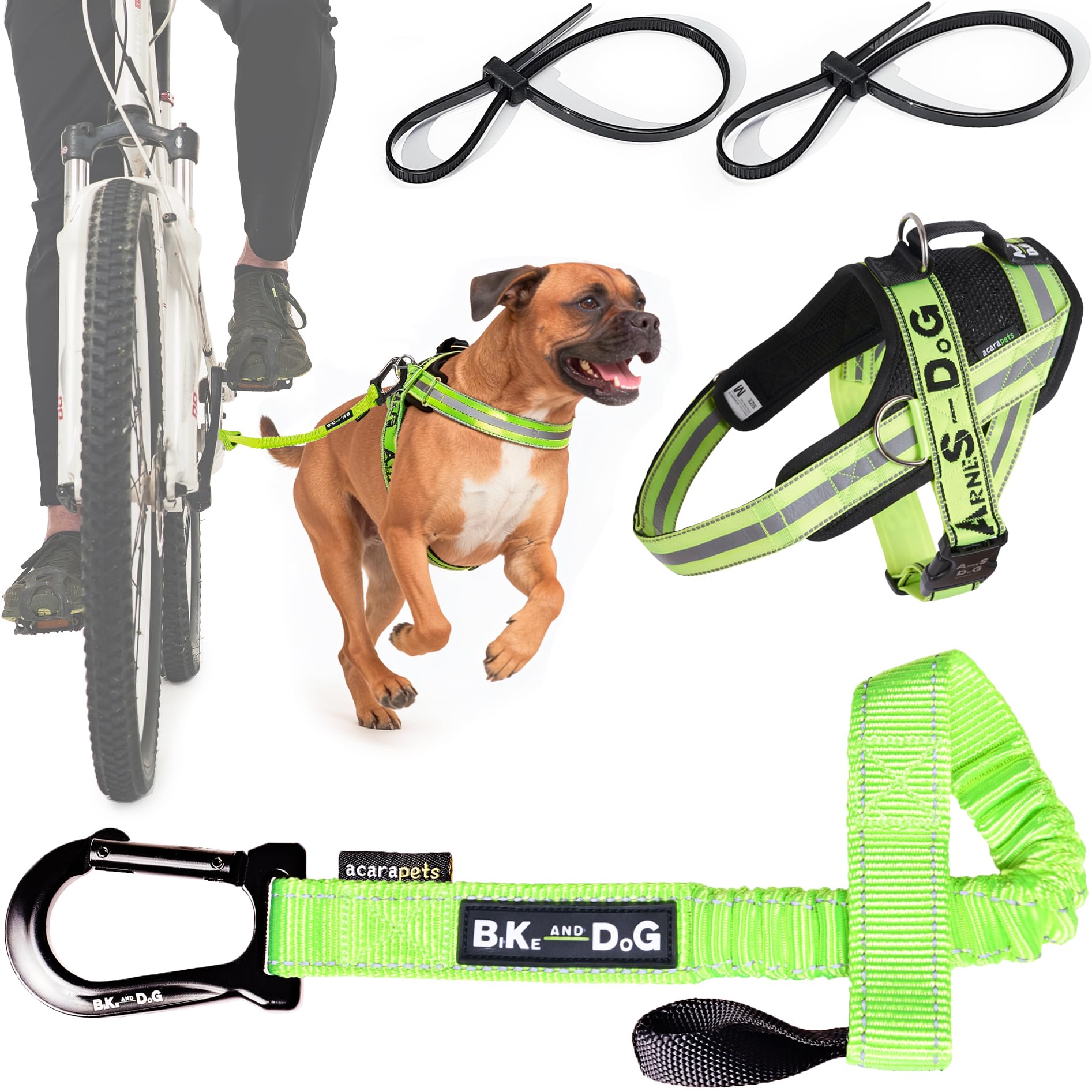 BIKE AND DOG - Dog leash and dog harness for bicycle, harness with side rings, includes 2 bicycle straps. Patented. (Yellow, Leash-harness M)