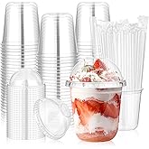 KesaPlan 50 Pcs 12 OZ Clear Plastic Cups with Dome Lids and Straws, Disposable Stemless Glasses Party Drinking Cup, Round Bottom To go Smoothie Milkshake Cup for Party Wedding Birthday Travel Holiday