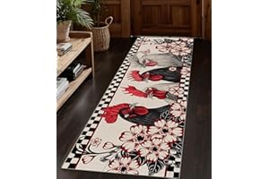 Rooster Rug for Runner, 1.3x7ft Rustic Farmhouse Decor Red White Animal Chicken Print Rug, Floral Plaid Design Beautiful Styl