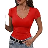 GEMBERA Womens' Stretchy V Neck Short Sleeve Form Fitted Casual Basic Top T-Shirts