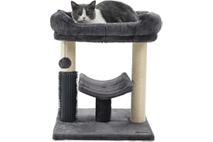 Hoopet 20-Inch Cat Tree Tower, Small Cat Scratching Post for Indoor Cats and Kittens, Sisal Cat Scratcher with Plush Bed Perch, Self Groomer and Hanging Toy Ball, Smoky Grey