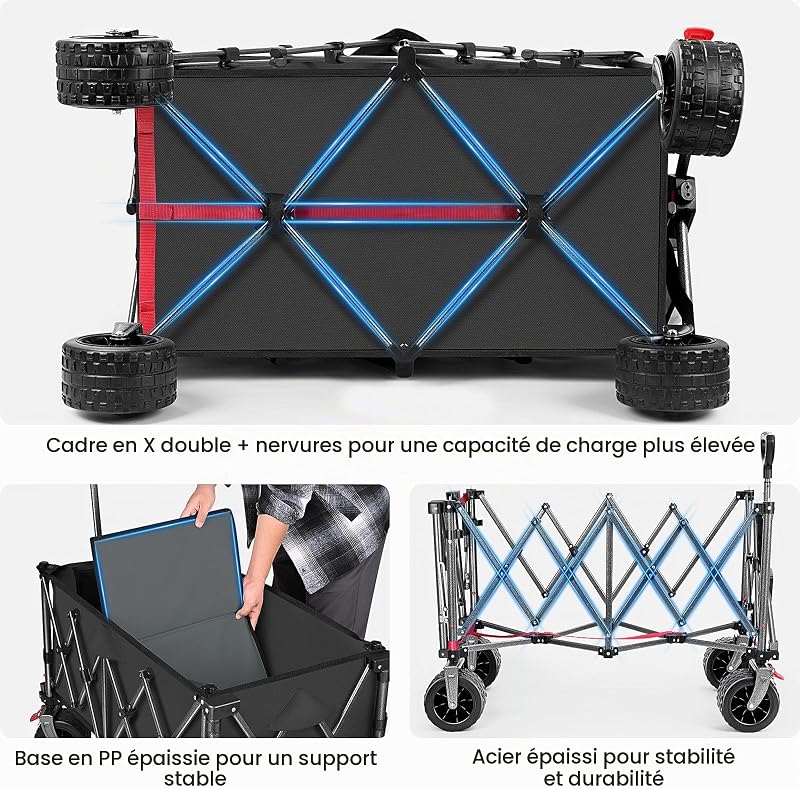 Chariot Pliable 260L 250KG, Roues Larges Tout-Terrain 17cm, Noir