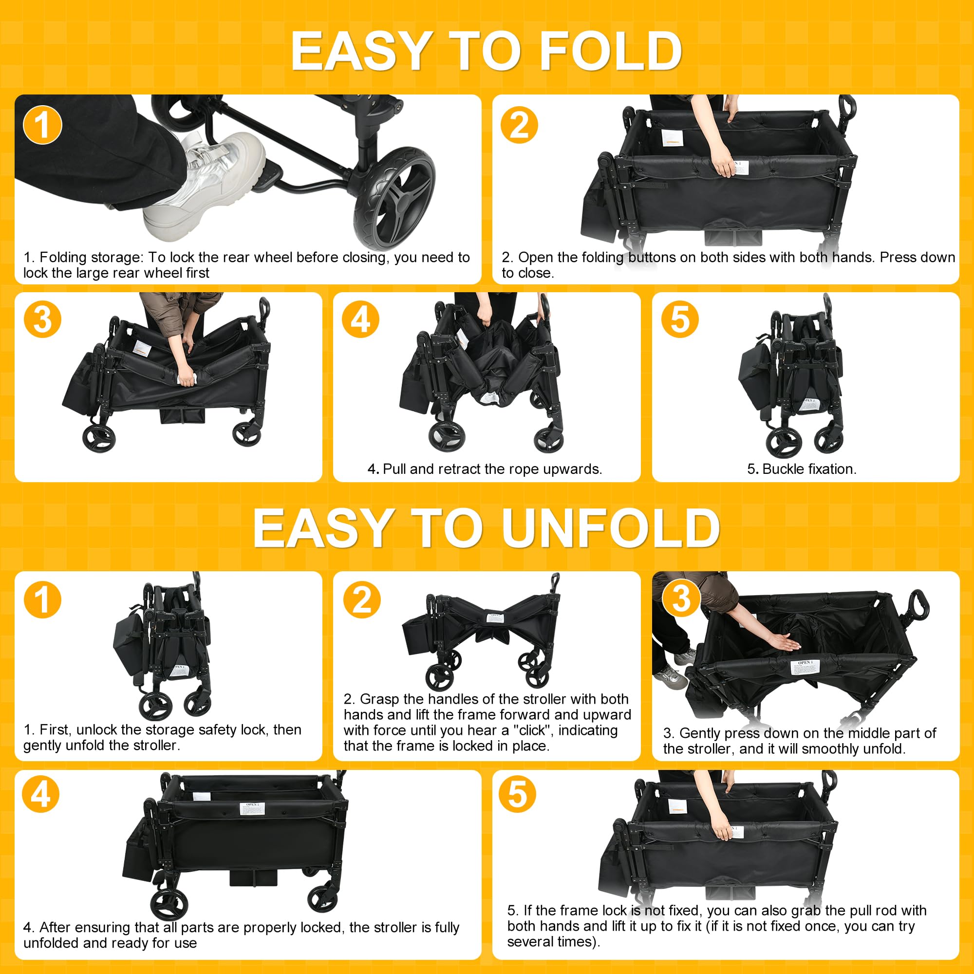 VOOI Stroller Wagon, 2 Seater Kids Wagon, Collapsible with 5-Point Harnesses, Zipper Door, Sun Canopy
