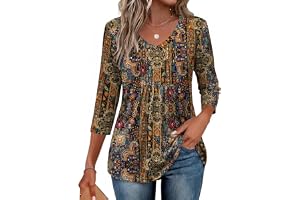 Ekouaer 3/4 Length Sleeve Womens Tops V Neck Blouses Casual Pleated Shirts | Soft lightweight fabric, 3/4 sleeve loose top wi