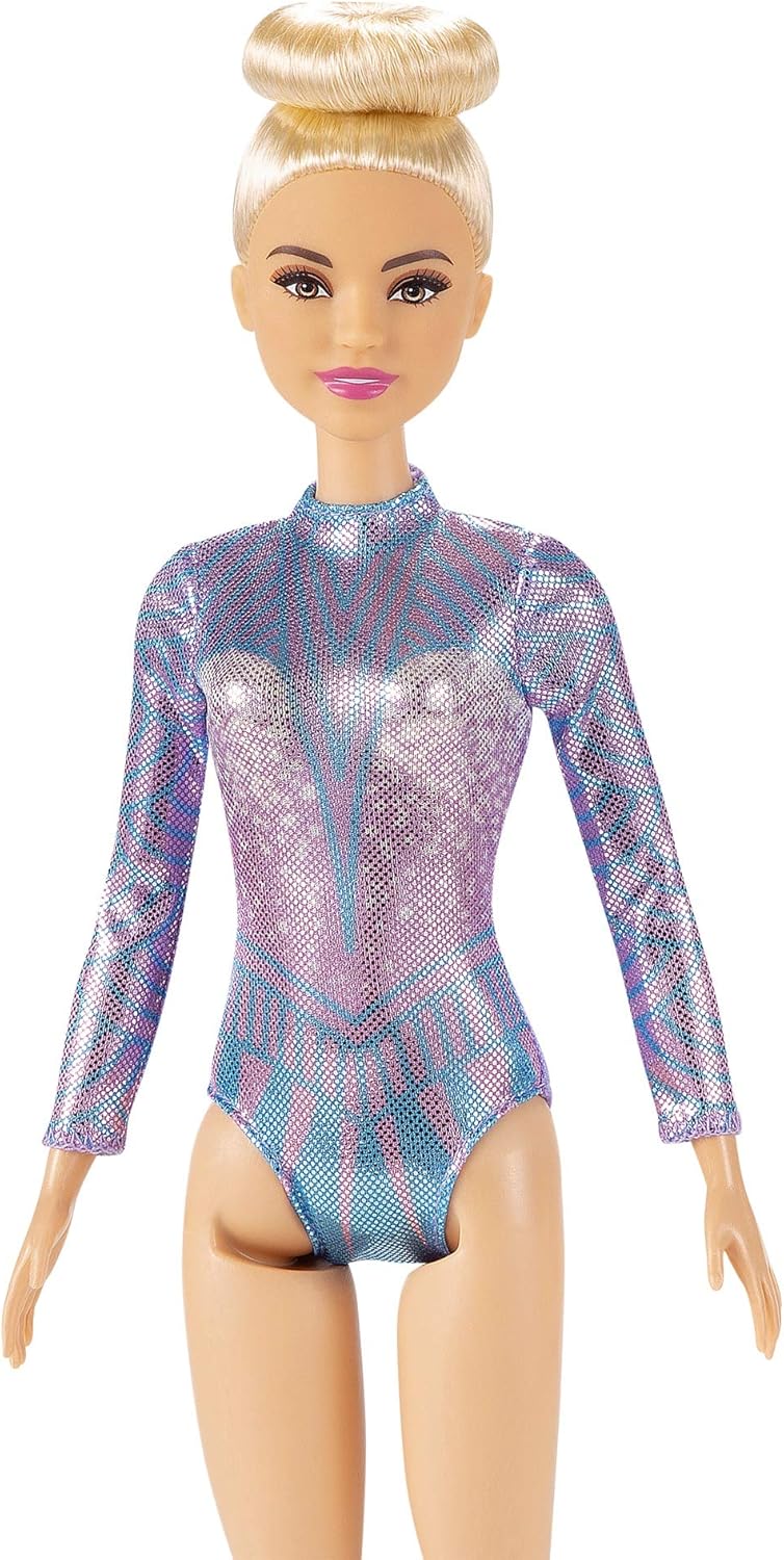 Barbie Rhythmic Gymnast Blonde Doll (12-in/30.40-cm) with Colorful Metallic Leotard, 2 Clubs & Ribbon Accessory - Image 4