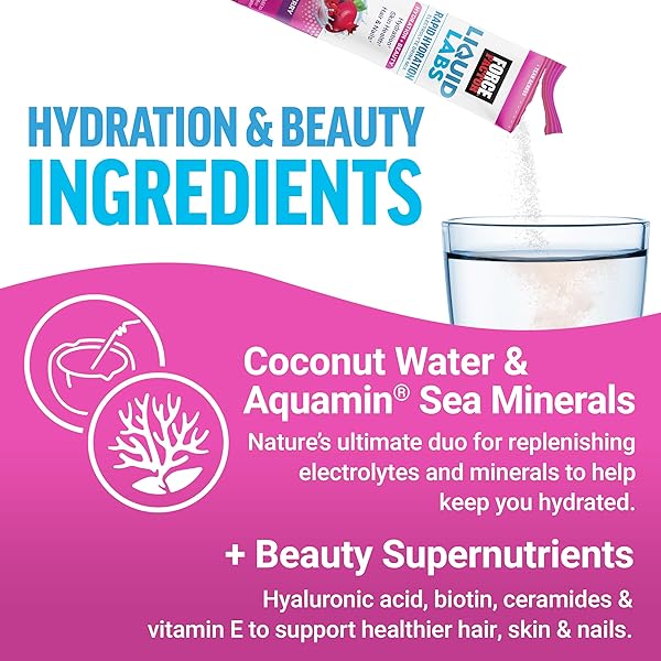 FORCE FACTOR LIQUID LABS BEAUTY, HYDRATION PACKET FOR STRONGER HAIR, SKIN & NAILS. ELECTROLYTES POWDER WITH HYALURONIC ACID, BIOTIN, AND CERAMIDES. TROPICAL BERRY FLAVOR, 20 STICK PACKS