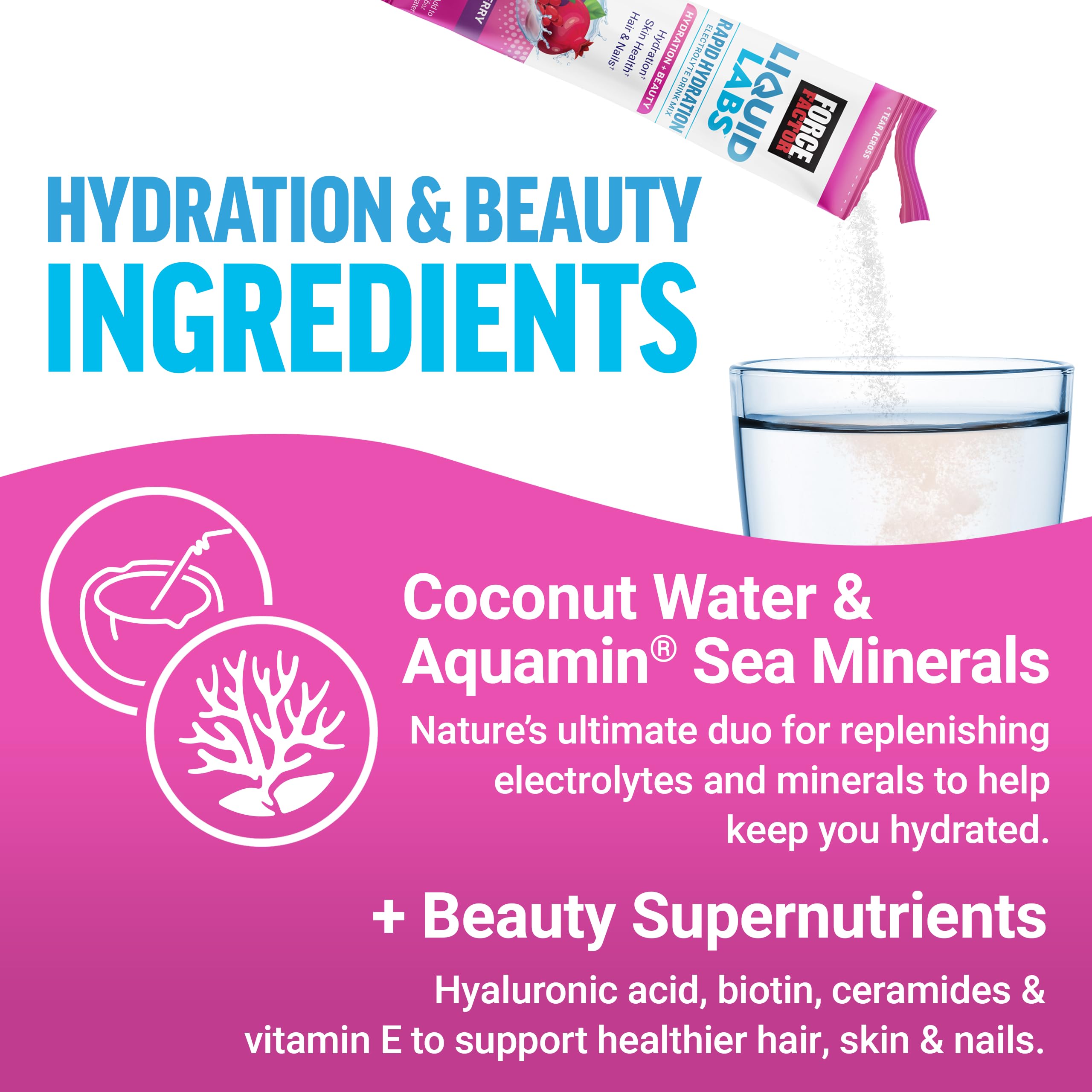 Force Factor Liquid Labs Beauty, Hydration Packet for Stronger Hair, Skin & Nails. Electrolytes powder with Hyaluronic Acid, Biotin, and Ceramides. Tropical Berry Flavor, 20 Stick Packs