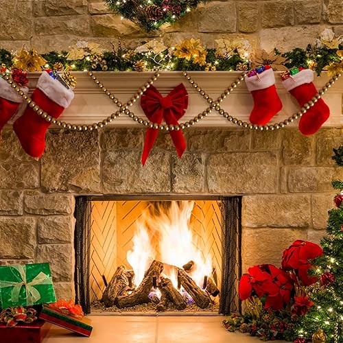 157 inch Christmas Wood Bead Garland,Gold Decorated with Christmas