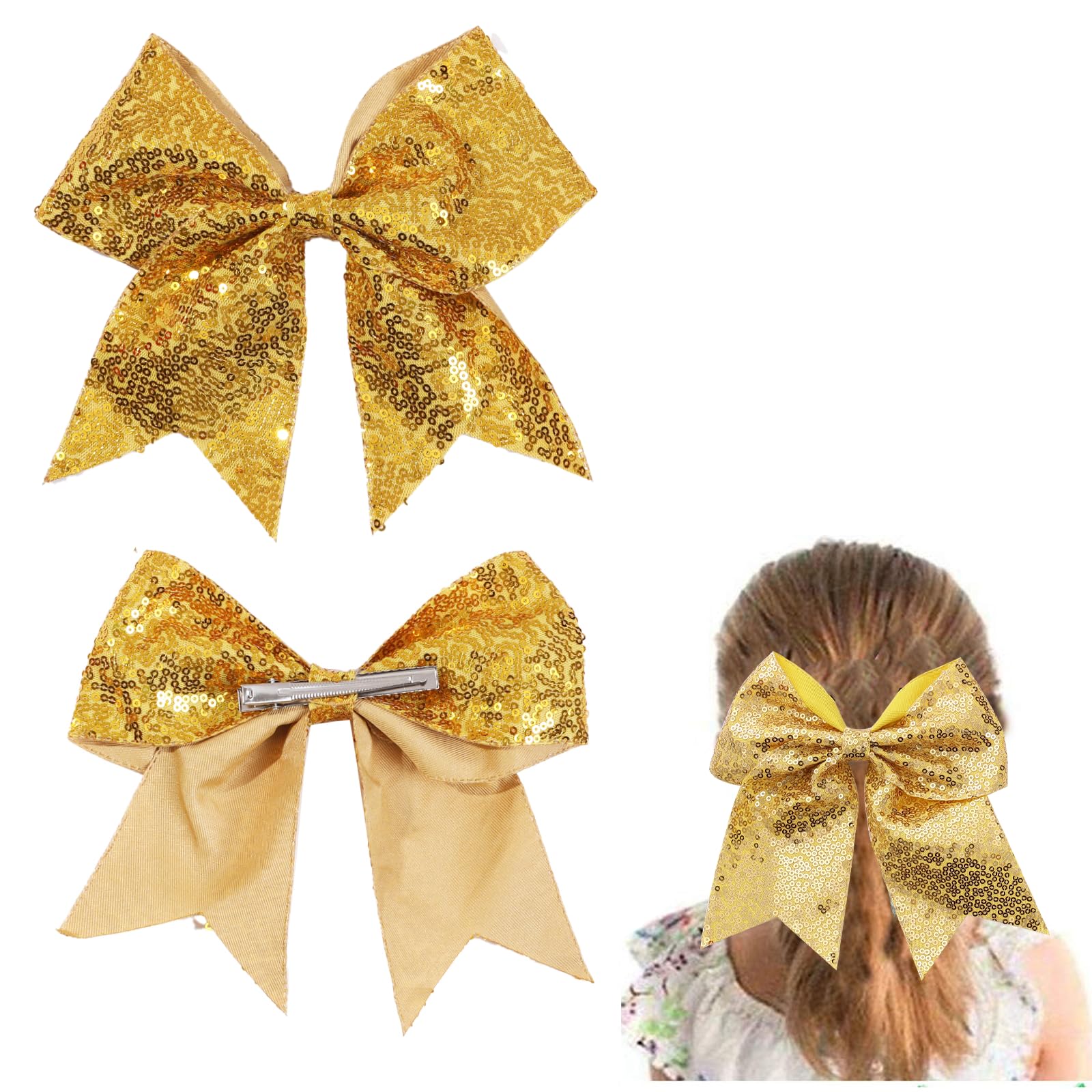Photo 1 of 2 Packs Jumbo Gold Cheerleading Bow 8 Inch Large Cheer Hair Bows with Alligator Clips for Teen Girls Softball Outfit Uniform (Sequin Gold)