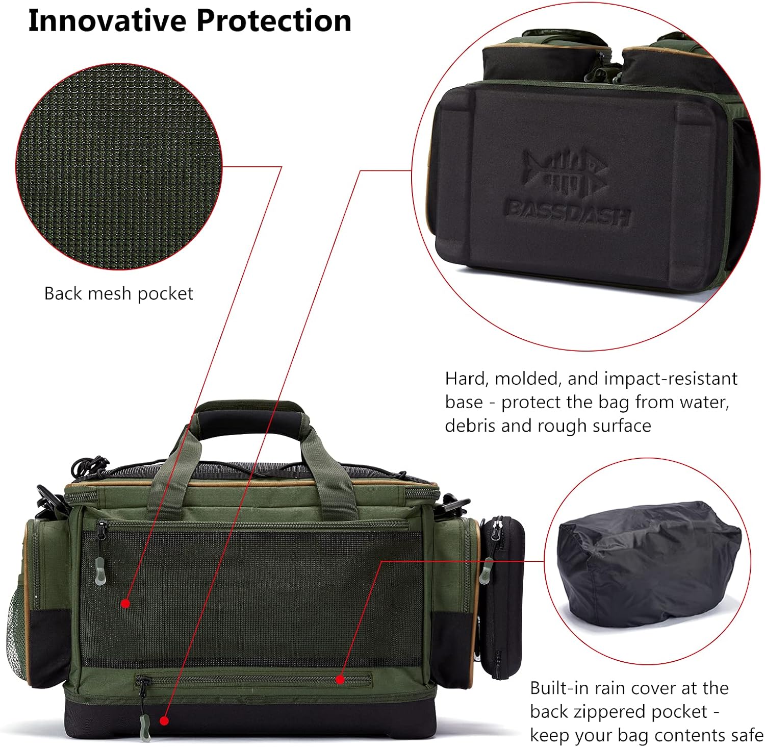BASSDASH FP05 Fishing Tackle Shoulder Bag Water Resistant Lightweight Gear Storage Pack with Hard Molded Bottom Rain Cover