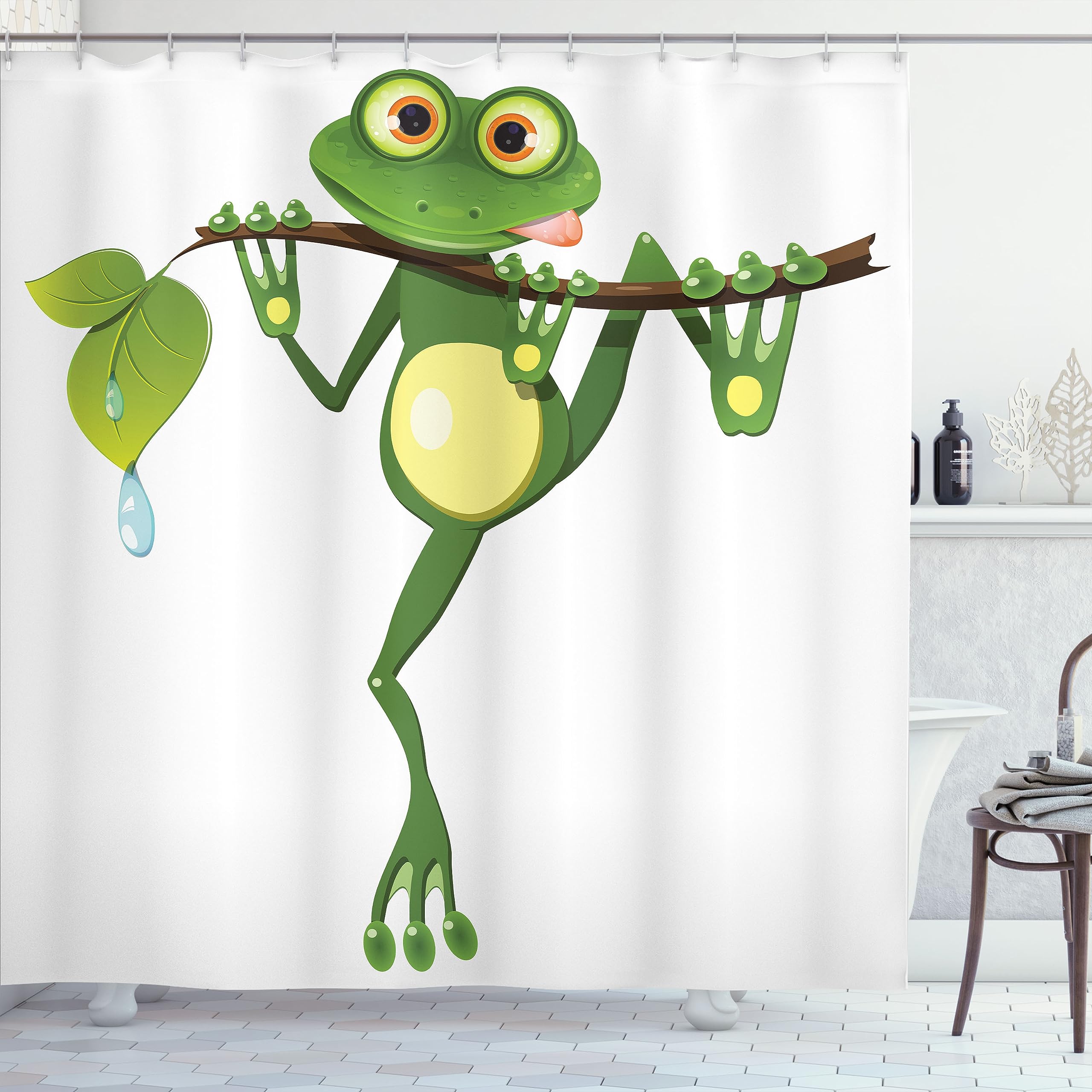 ABAKUHAUS Animal Shower Curtain, Little Frog on Branch of the Tree in Rainforest Nature Jungle Life Art Earth, Cloth Fabric Bathroom Decor Set with Hooks, 175 x 220 cm, Green White Yellow — image 1