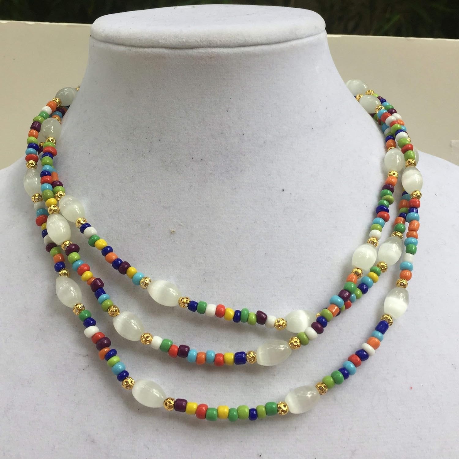 Cat's Eye and Glass Rainbow Triple Wrap Hippie Necklace Very Long 58 inches Matching Earrings OOAK Handmade