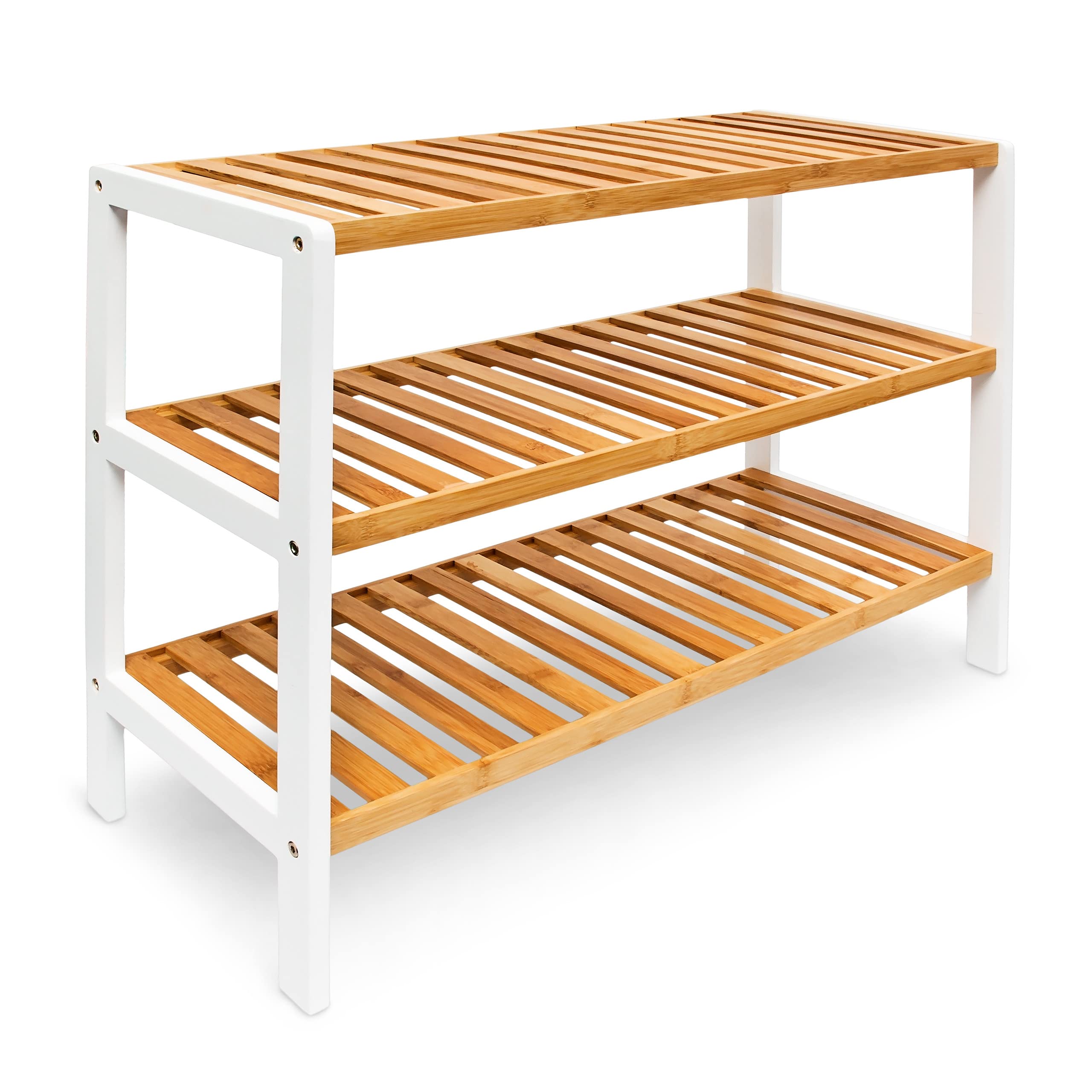 Relaxdays Bamboo Shoe Rack, With 3 Shelves, 70 x 54.5 x 24.5 cm, for 12 Pairs of Shoes, Brown/White