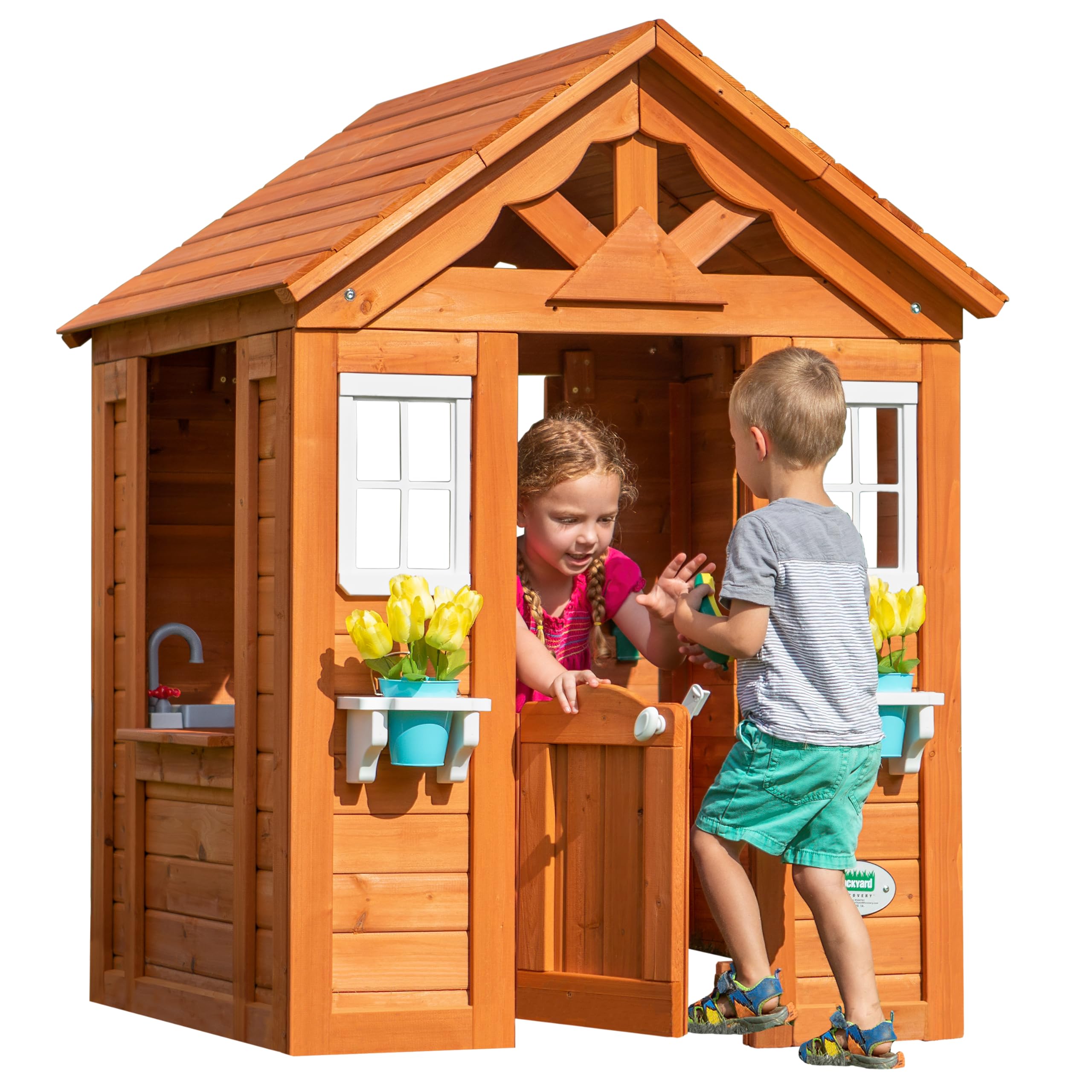 Backyard Discovery Timberlake 100% Cedar Wood Playhouse | Outdoor Garden Structure for Kids | Cubby House for Children | Toy Kitchen, Phone and Flowerpot Holders| For 2-7 Year Olds | Brown