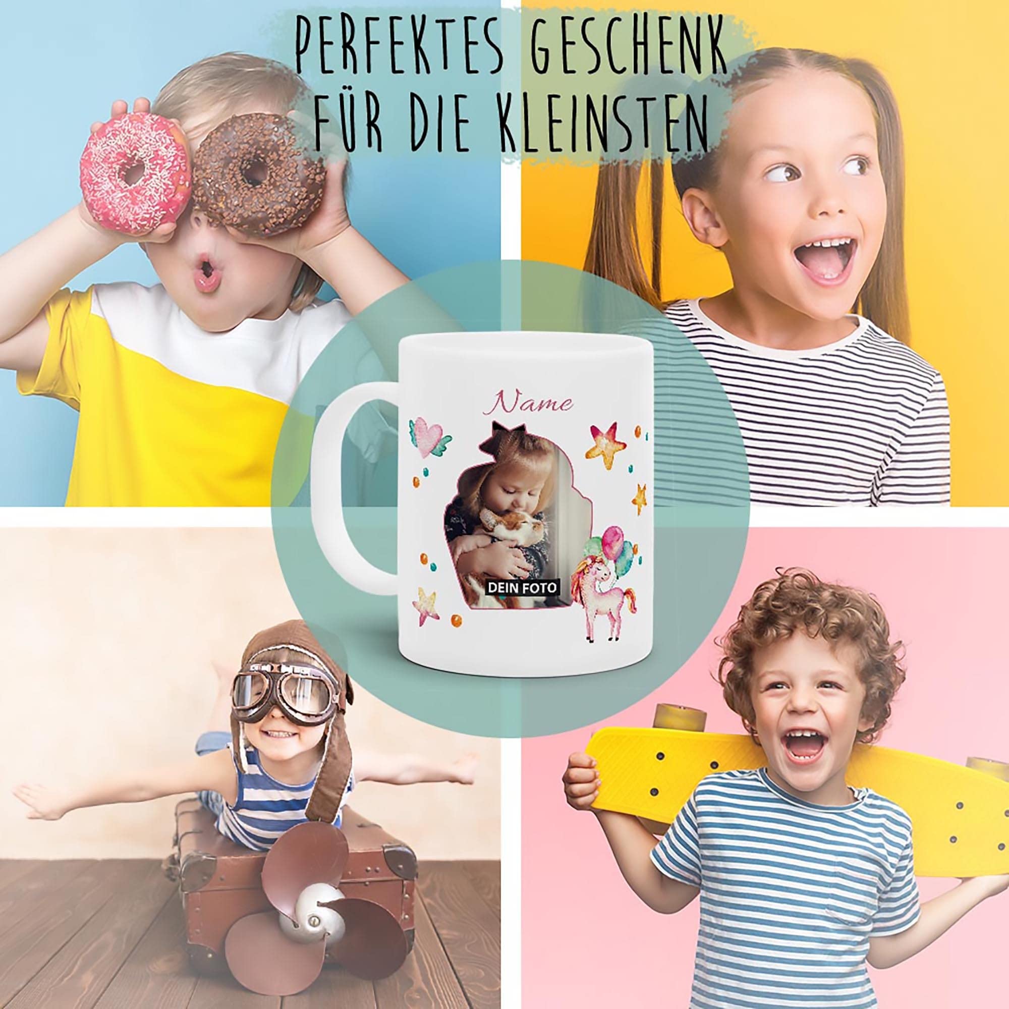 Kinder-Tasse mit Tiermotiv Einhorn - mit Foto & Name selbst gestalten - Für Mädchen & Jungen - BPA-freie Kunststoff-Tasse, 300 ml I Personalisiertes Geschenk für Kinder 5