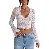 Floerns Women's Deep V Neck Lace T Shirts Long Sleeve See Through Going Out Crop Tops