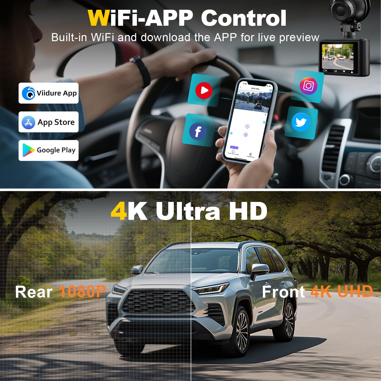 Dash Camera, 4K/1080p Dash Camera Front and Rear, Built-in 5GWiFi, Dash Cam with 64GB SD Card, Full HD 2.0” IPS Screen, for App Control, G-Sensor, Loop Recording, and Parking Mode