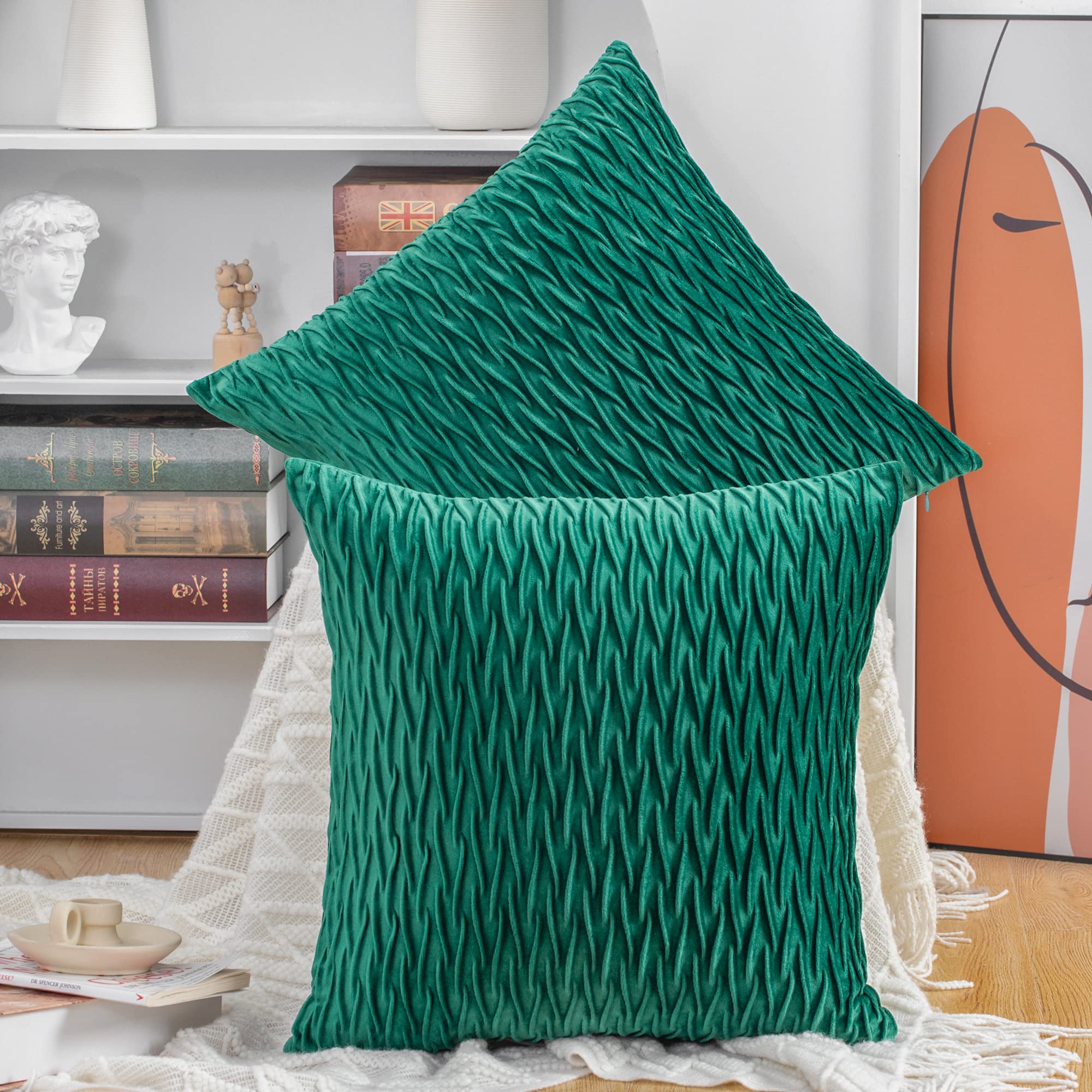 Madizz Pack of 2 Super Soft Velvet Decorative Cushion Covers with Texture Luxury Style Throw Pillow Cases Pillow Shell for Sofa Bedroom Square Green 16x16 inch — image 1