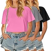 Huukeay 3 Pack Women's Half Sleeve Crop Tops Oversized Crew Neck Summer Casual Short T-Shirts Loose Fit Drop Shoulder Tees