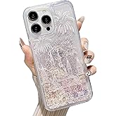 iFiLOVE for iPhone 16 Pro Max Bling Liquid Castle Fireworks Case, Cute Luxury Sparkle Flowing Glitter Quicksand Shockproof Protective Case Cover for Girls Women Kids (Pink)