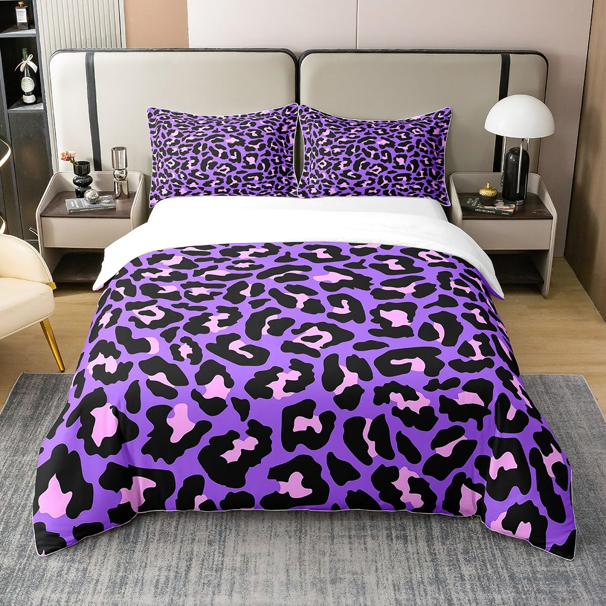 100% Organic Cotton Cheetah Print Duvet Cover,Purple Leopard Bedding Set Single,Pink Wildlife Skin Comforter Cover for Kids Girls,Abstract Art Animal Themed Bed Sets with 1 Pillow Case
