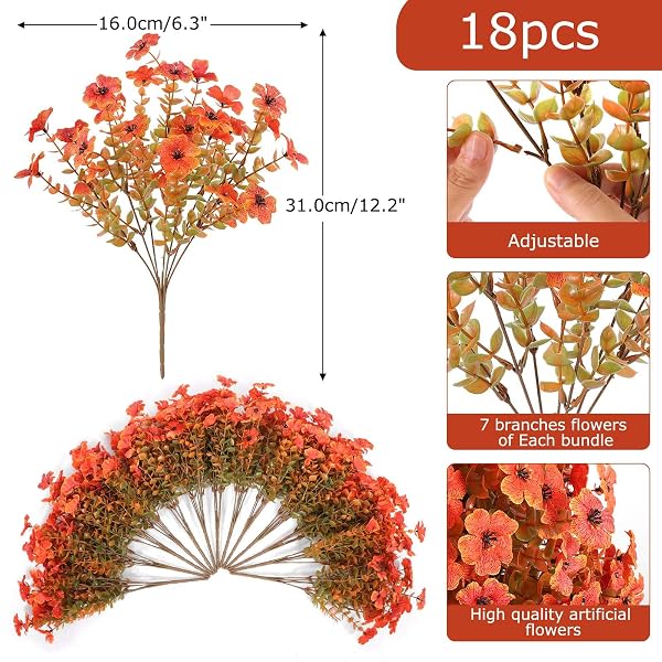 HANANONA 18 PCS ARTIFICIAL MUM FLOWERS FOR OUTDOORS, FAUX FALL MUMS SILK FLOWER FOR OUTSIDE, FAKE ORANGE FLOWERS FOR FALL PATIO FRONT DOOR PLANTER AUTUMN HALLOWEEN HOME DECORATIONS (18, ORANGE)