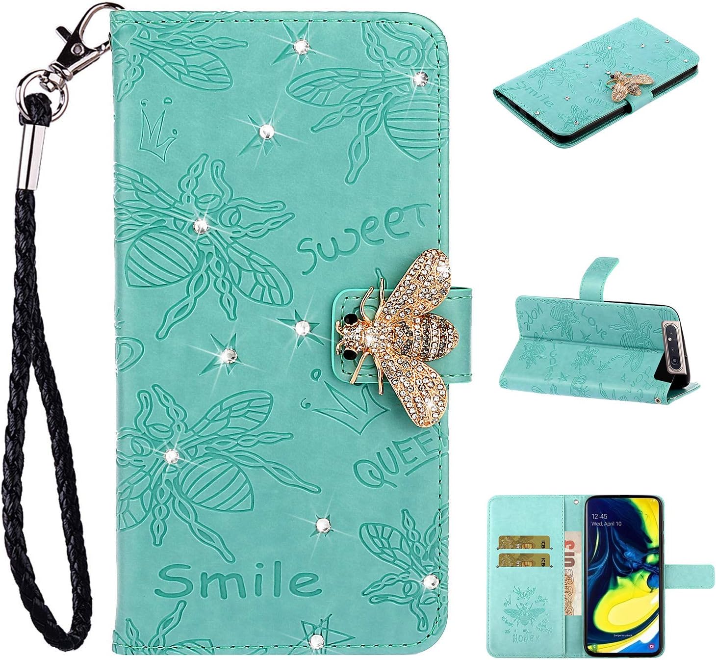 EWCover Wallet Case for Samsung Galaxy A80,Owls Bees Floral Pattern Premium Leather Flip Cover Case with Luxurious Diamond