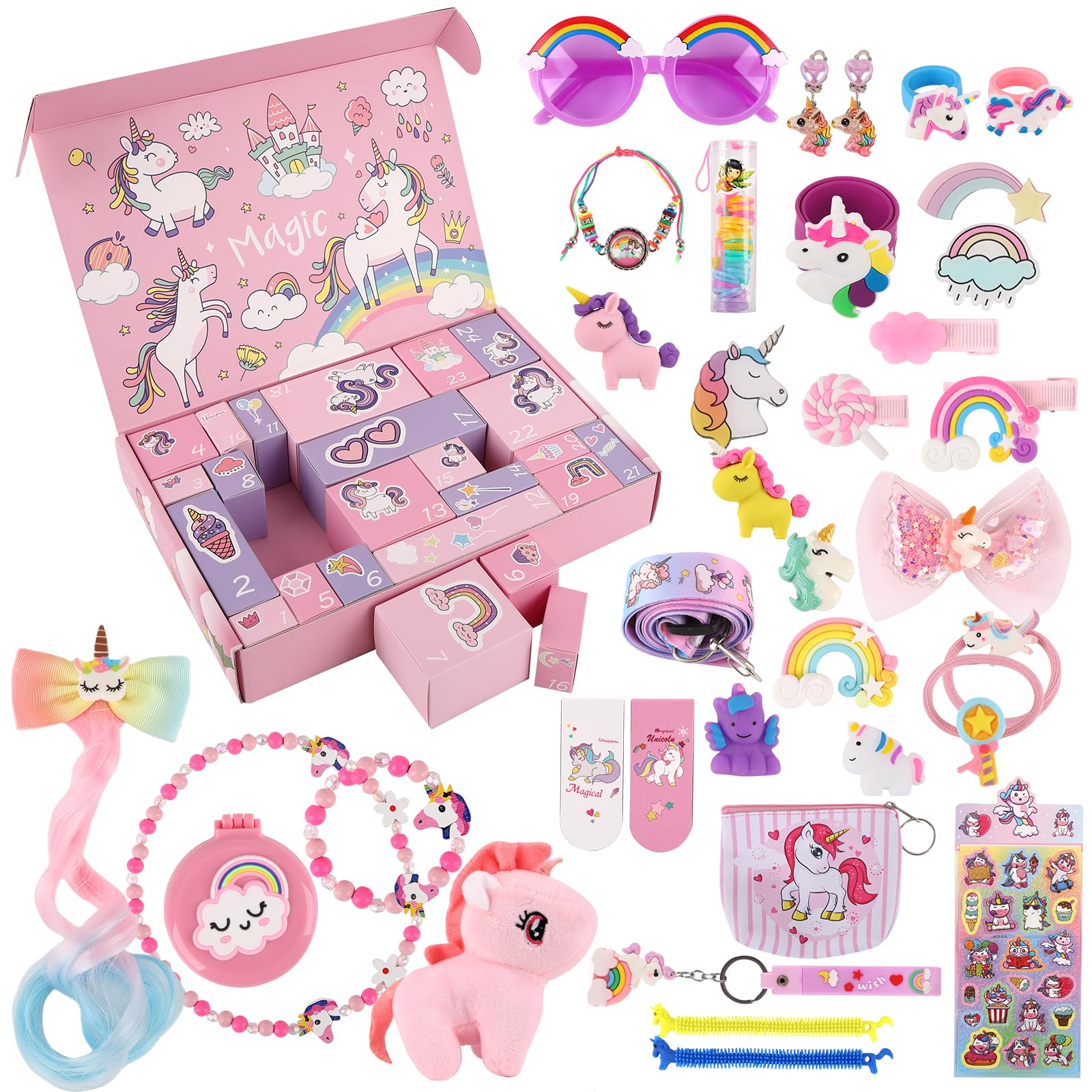 Unicorn Advent Calendar 2025 for Girls, Christmas Countdown Gift with 24 Days Surprises, Unicorn Gifts for Girls Kids Includes Toys and Hair Accessories