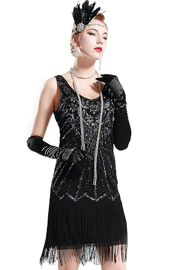 BABEYOND Damen Kleid Retro 1920er Stil Flapper Kleider mit Zwei Schichten Troddel V Ausschnitt Great Gatsby Motto Party Kleid