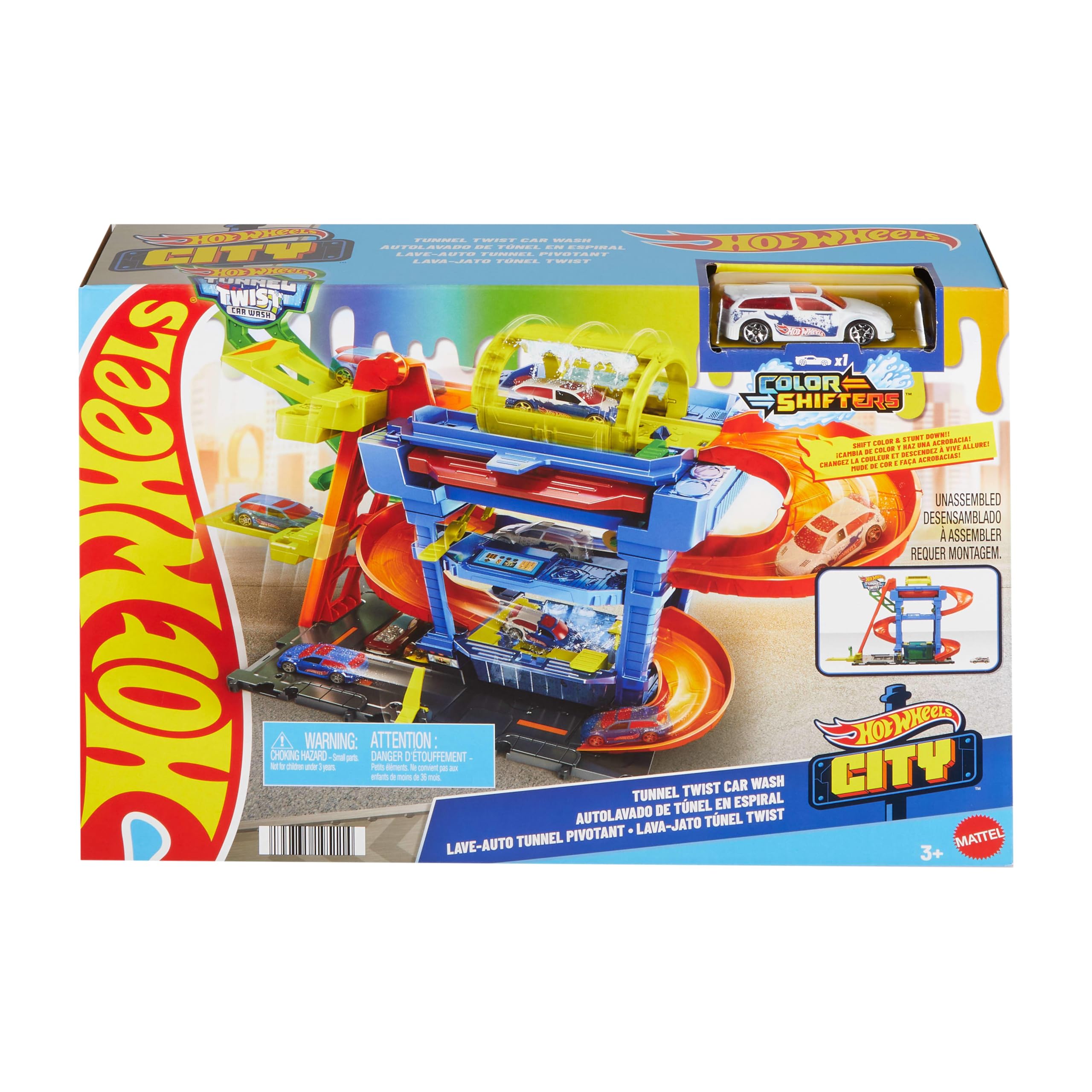 Hot Wheels Let's Race Netflix - City Spielzeugauto-Trackset, Farbwechsel-Tunnelautowaschanlage mit 1 Farbwechselfahrzeug im Maßstab 1:64, HTN80