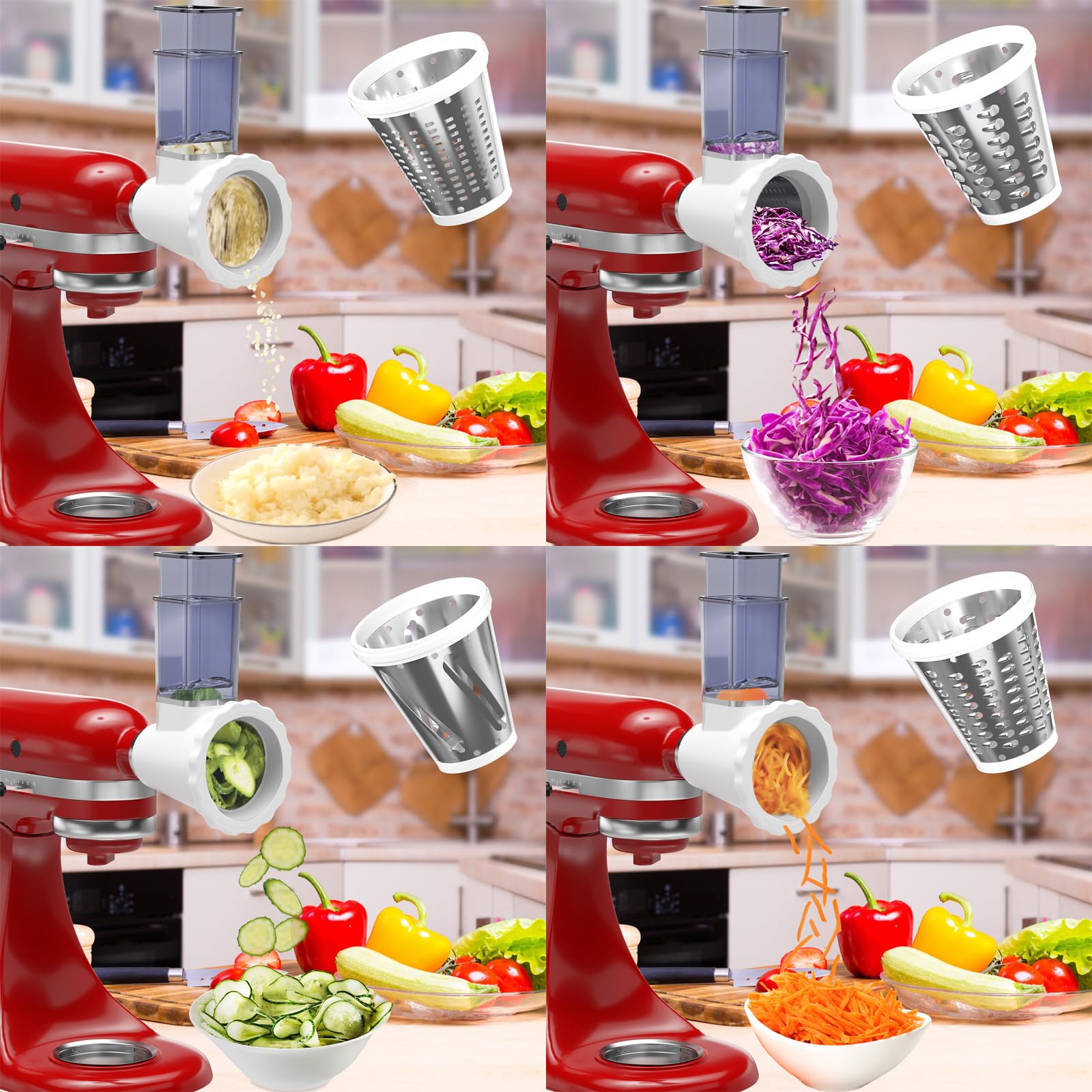 Upgraded Version - Cheese Grater Slicer Shredder Attachments for All KitchenAid Stand Mixers, Food Slicers Salad Maker Accessory Vegetable Chopper with 4 Blades Dishwasher Safe