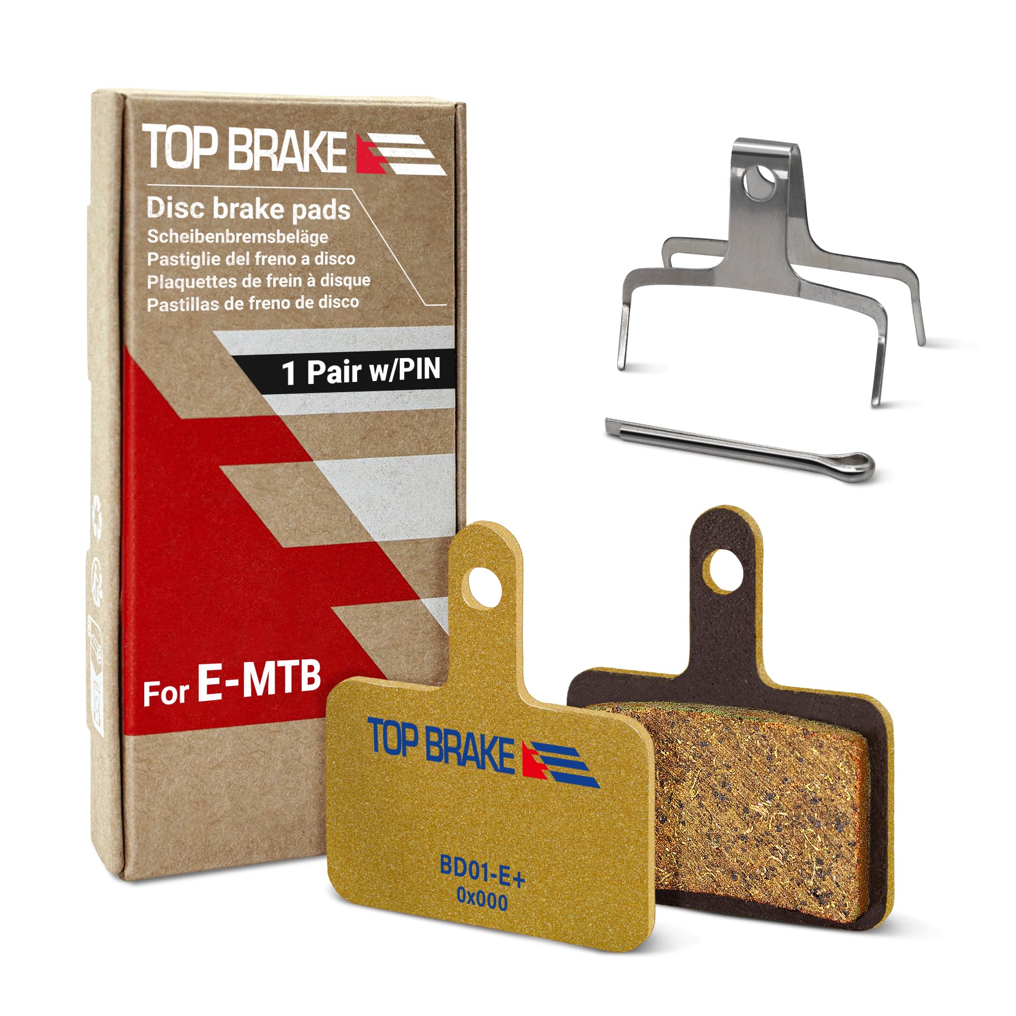 TOP BRAKE Disc Electric Bike Brake Pads for Shimano Deore M515 M525 TRP Hylex TEKTRO Orion | E-Bikes, E-MTB, Bike Parking | E-Bike Compound,Long Lasting,Premium E+ Version,Gold (PIN Included)