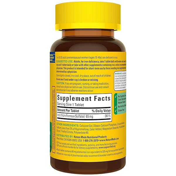NATURE MADE IRON 65 MG (325 MG FERROUS SULFATE) TABLETS, IRON SUPPLEMENTS, DIETARY SUPPLEMENT FOR RED BLOOD CELL SUPPORT, 180 TABLETS, 180 DAY SUPPLY