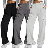 Neer 3 Pack Womens Pants with Cargo Pockets Casual High Waisted Baggy Wide Straight Leg Sweatpants Lounge Joggers Trousers(Black, Dark Gray, Light Steel,Medium)