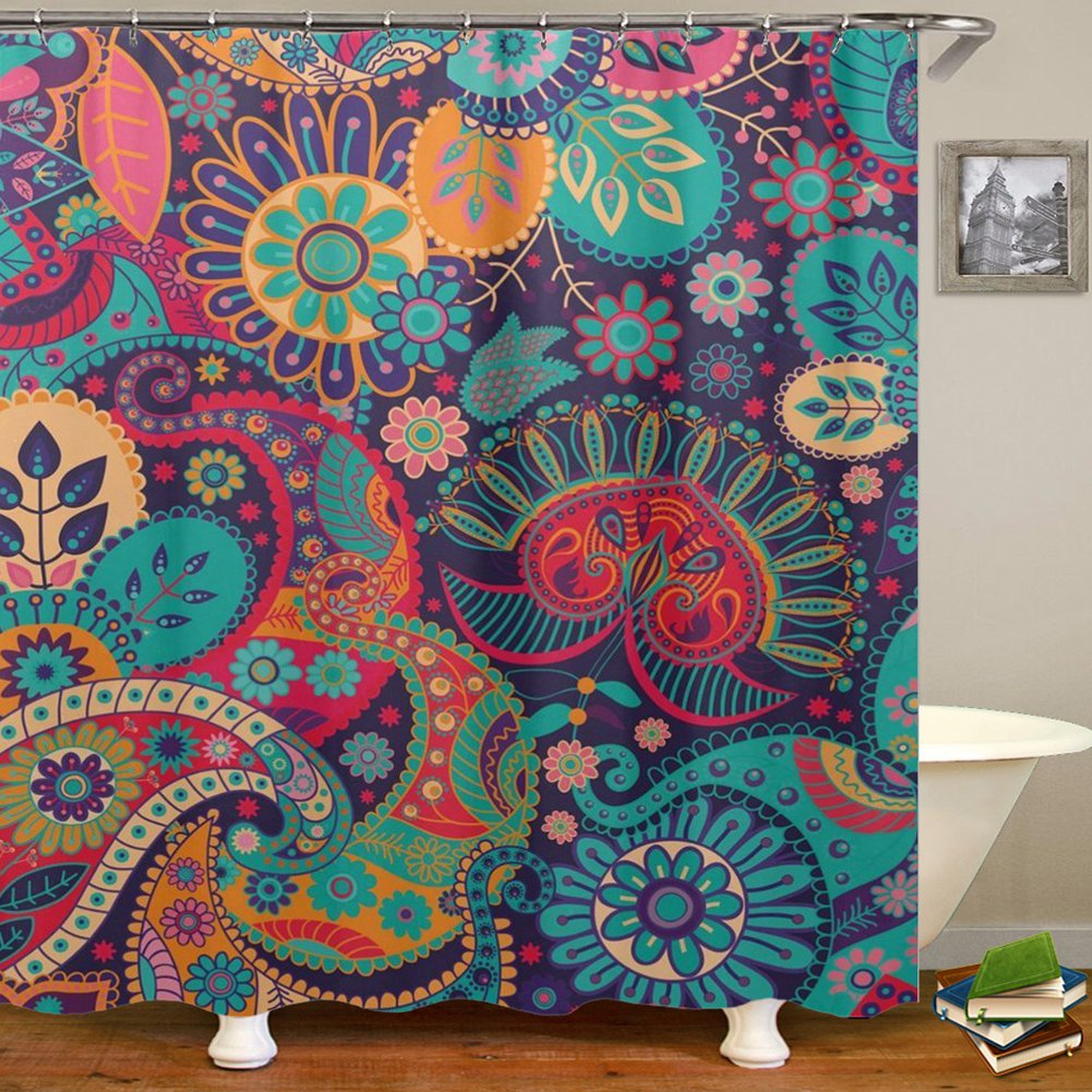 QCWN Mandala Ethnic Decor Shower Curtain Retro Geometric Round Patterns Floral Print Theme Bathroom Set with Hooks (3, 70"x70")