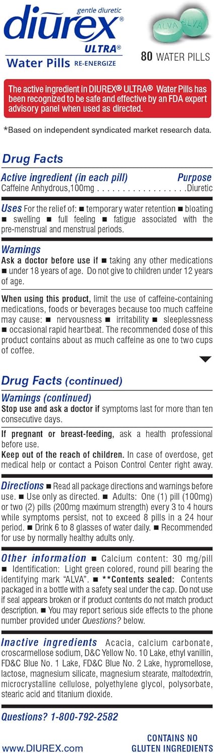 Diurex Ultra Re-Energizing Water Pills - Relieve Water Bloat - Feel Better & Less Heavy - 80 Count: Health & Personal Care