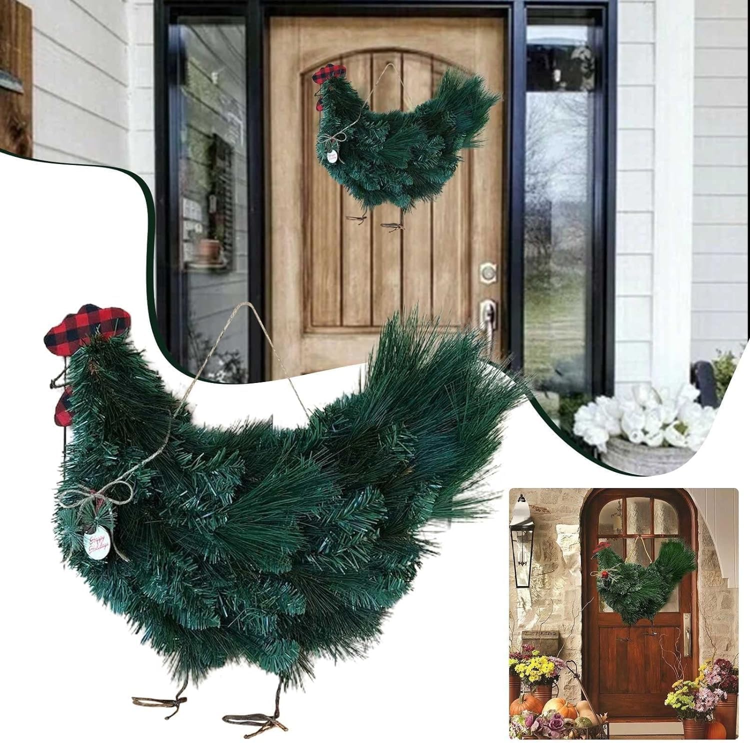 Wreaths, Garlands & Swags - Christmas Rooster Chicken Wreath, Artificial Pine Branches Green Leaves Garland for Front Door, Seasonal Handcrafted Wreath Wall Door Hanger for Christmas Garland Home Outdoor Garden Decoration