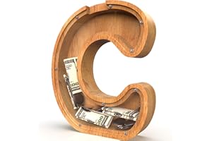 SULEVALT Piggy Bank for Kids Boys Girls, Large Personalized Wooden Letter Piggy Bank with Cut-Out Design, Alphabet Letter Coin Banks, Money Savings Box, Wooden Bank for Kids Creative Gift for Real-Money(C)