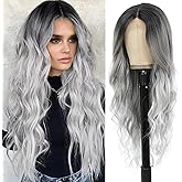 Angzon Long Grey Wavy Wig for Women 26 Inch Ombre Grey Middle Part Curly Synthetic Hair Wig Natural Look Heat Resistant Fiber for Daily Party Use