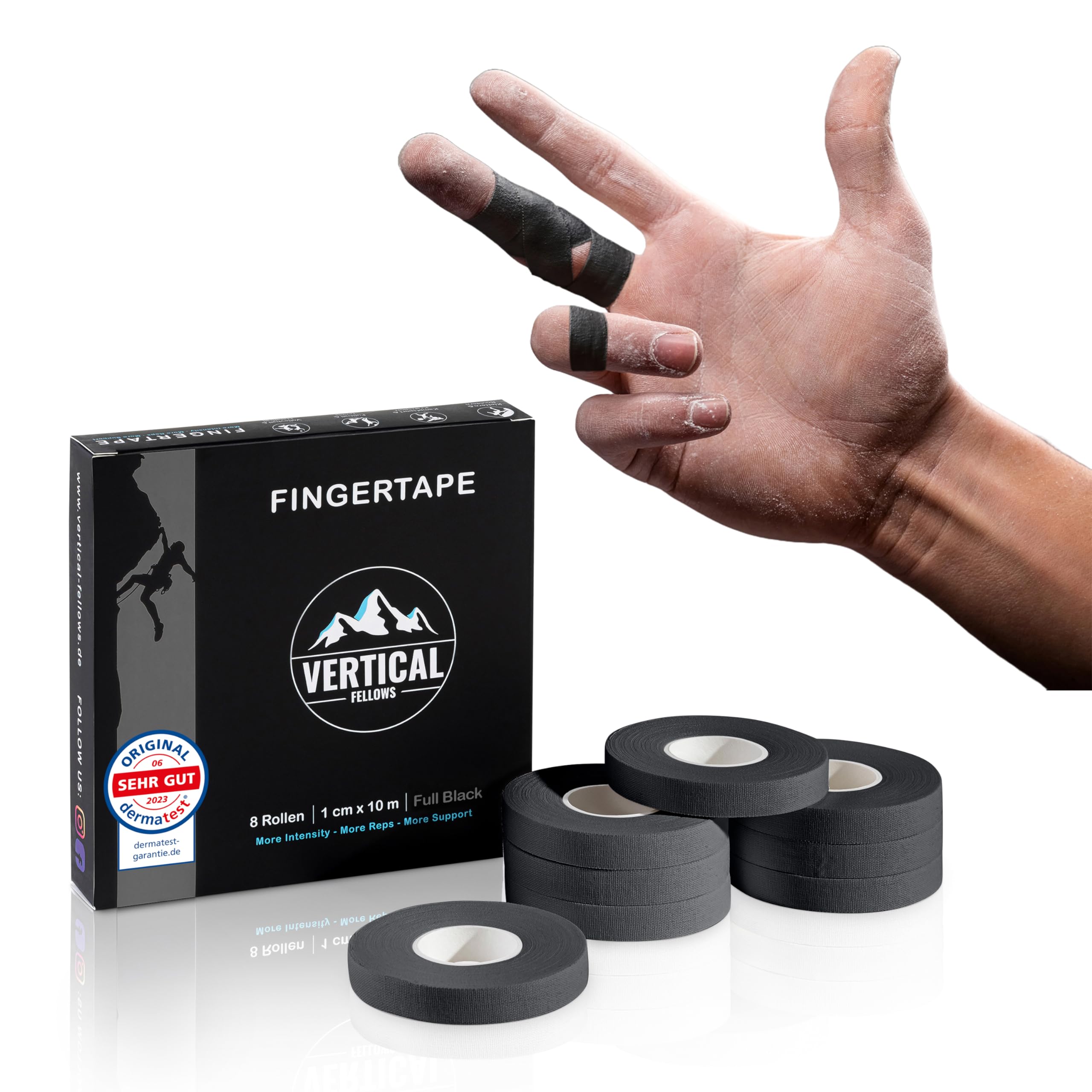 VERTICAL FELLOWS Dermatest Climbing Tape with PDF Finger Tape Instructions, Ideal for Climbing, Bouldering, Strength Sports, Volleyball, Handball, Black, 8 Rolls - 1.5 cm Wide