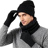Connectyle Fleece Lined Winter Set for Men & Women, Knit Warm Beanie Hat, Neck Warmer Loop Scarf and Touchscreen Gloves
