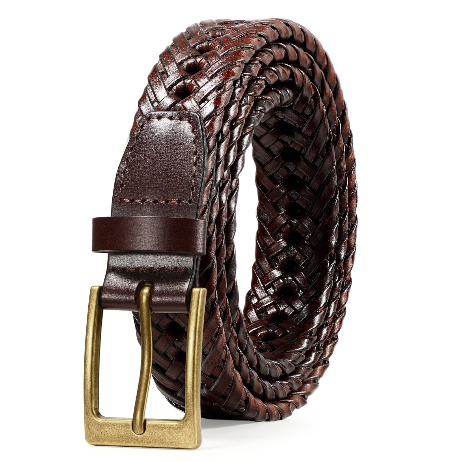 Photo 1 of SUOSDEY Braided Genuine Brown Leather Belt for Men, 1.2" Width Men’s Casual Woven Leather Belt for Jeans Pants