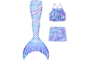 Ghteas Girls Tankini Swimsuit 3 Piece Mermaid Bathing Suit Kids Ruffle Top with Shorts Fish Tail Set Swimwear
