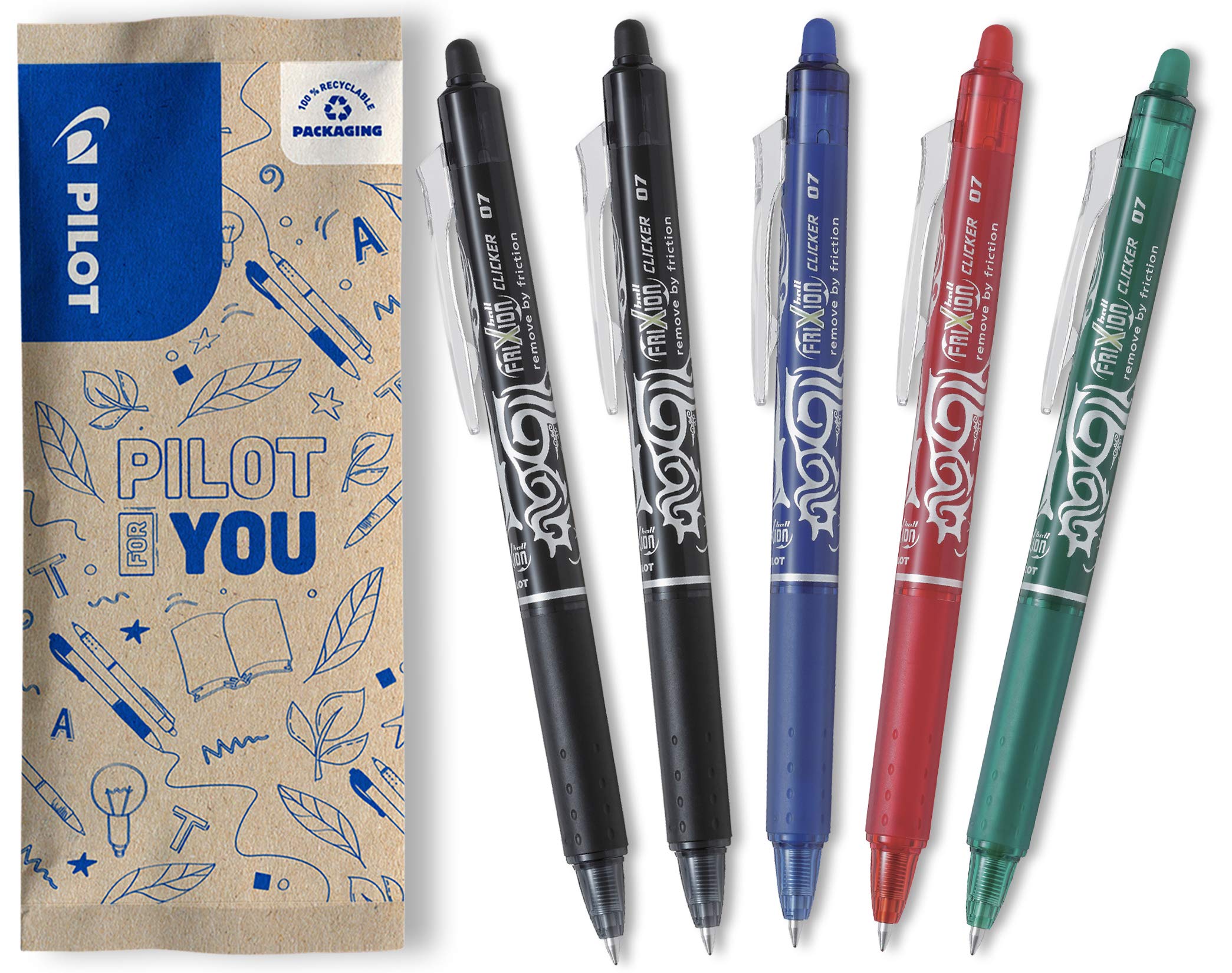 PILOT - FriXion Ball Clicker Erasable Pen - 0.7mm Tip Rollerball - 5 x Assorted Colour Pens - Black, Blue, Red, Green — image 1