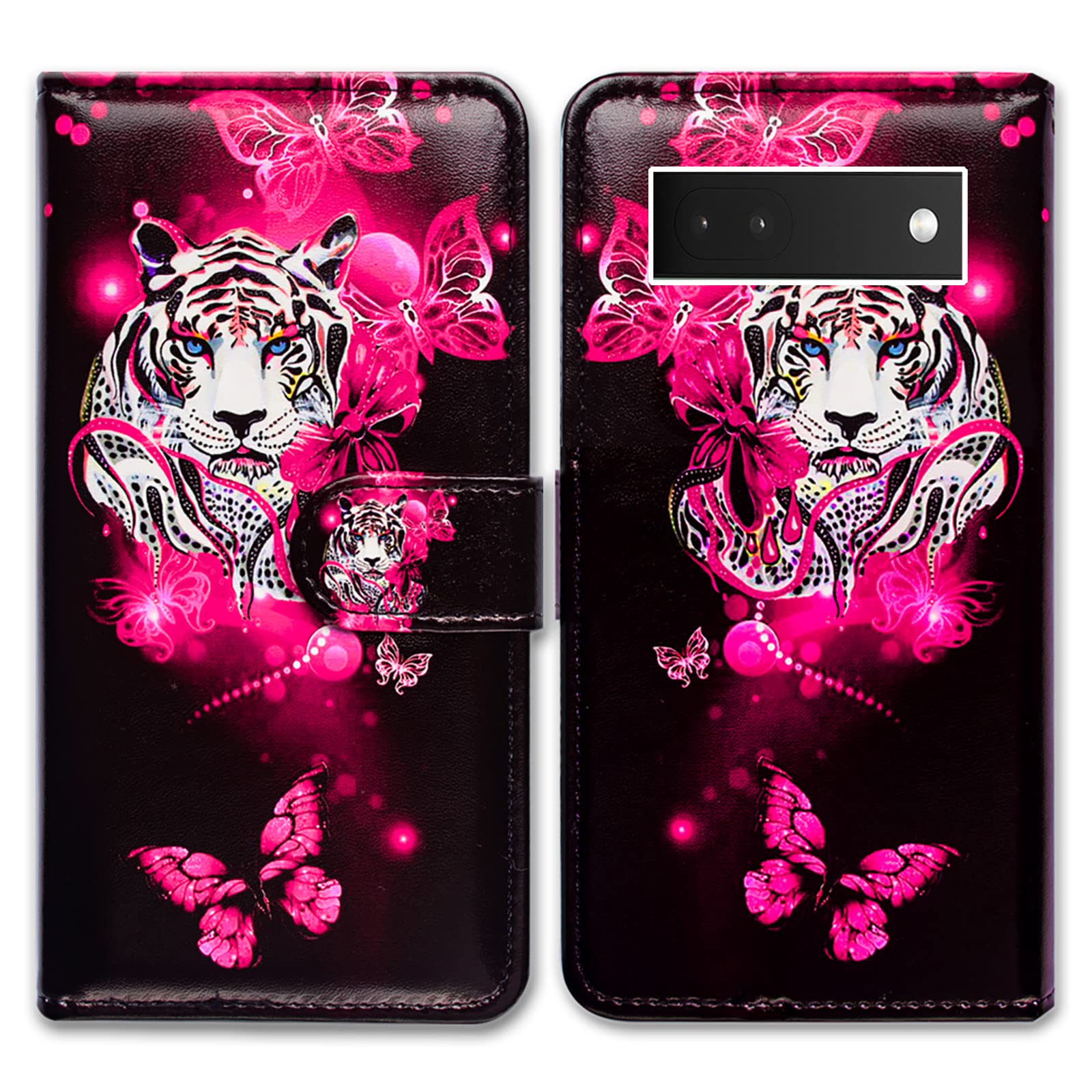 Bcov Pixel 6a Case, White Tiger Butterfly Leather Flip Phone Case Wallet Cover with Card Slot Holder Kickstand For Google Pixel 6a